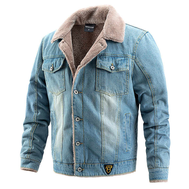 Denim jacket with plush and thick coat for men's casual denim jacket