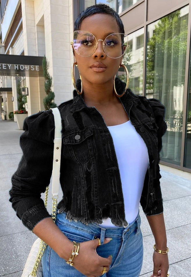 Short distressed denim jacket for women with bubble sleeves denim jacket