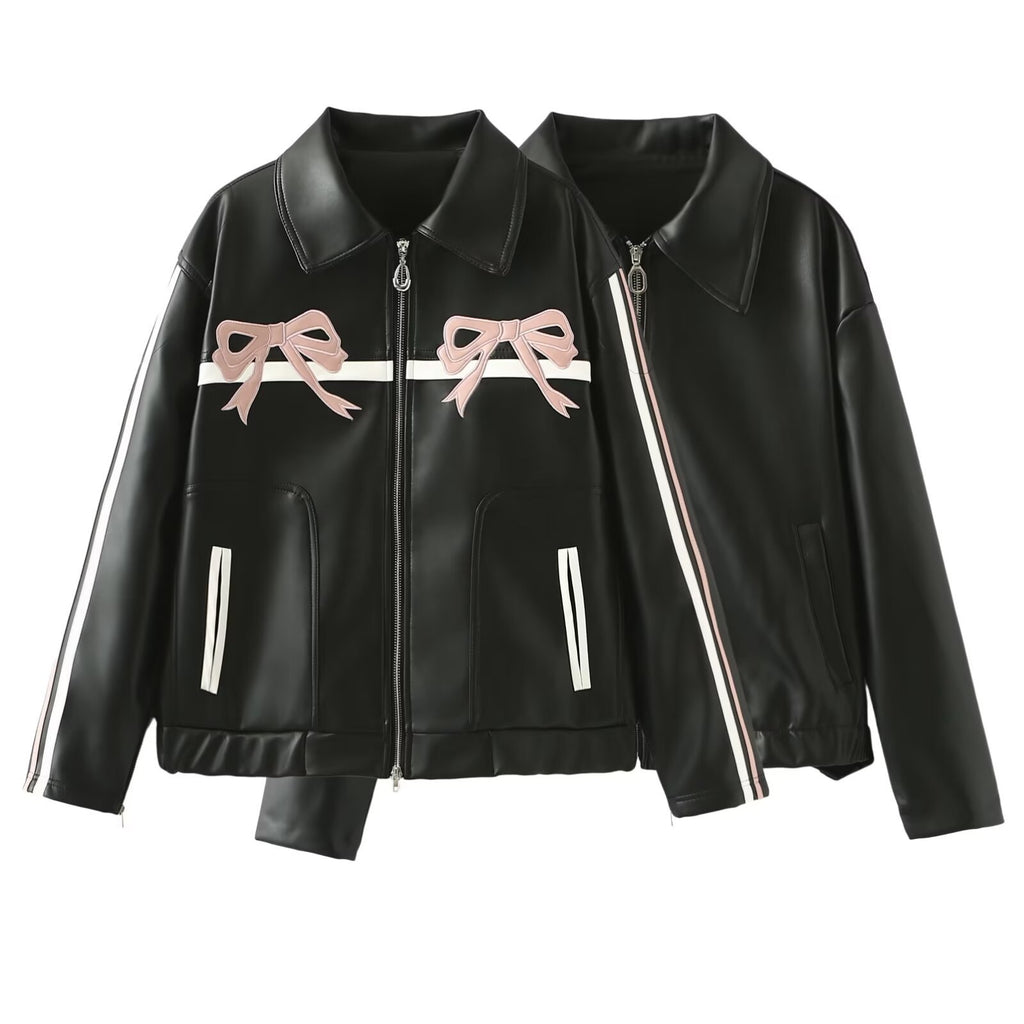 Bow embroidered leather jacket