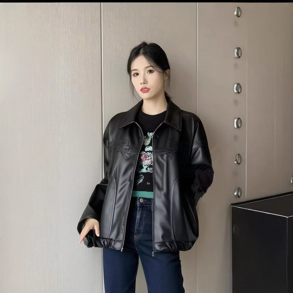 Bow embroidered leather jacket