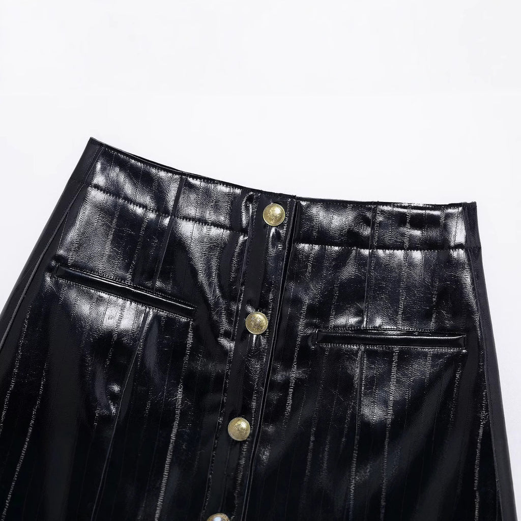 PU imitation leather slim fit black skirt for women