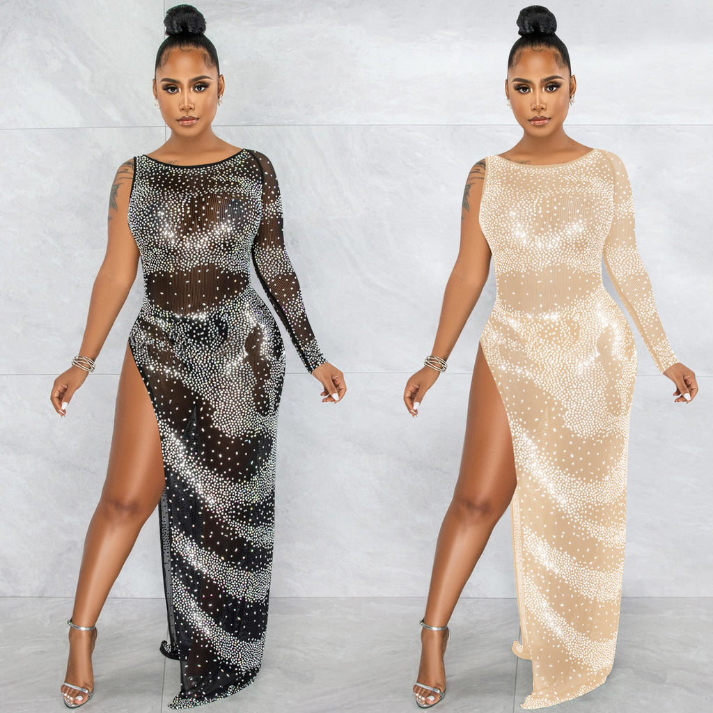 Fashion Sexy Nightclub Rhinestone Single Long Sleeve Irregular Slit Maxi Dress