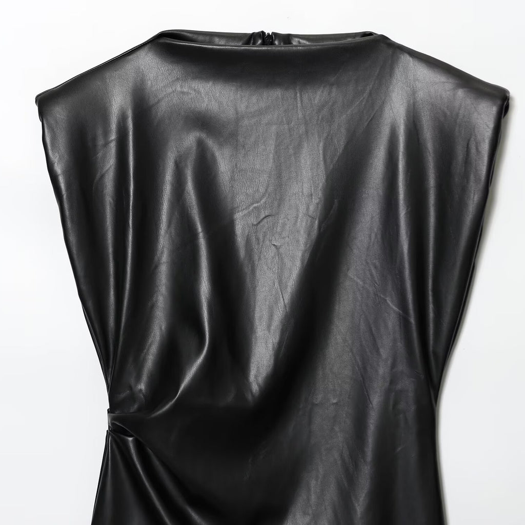 Imitation leather shoulder pad short dress for women's wear