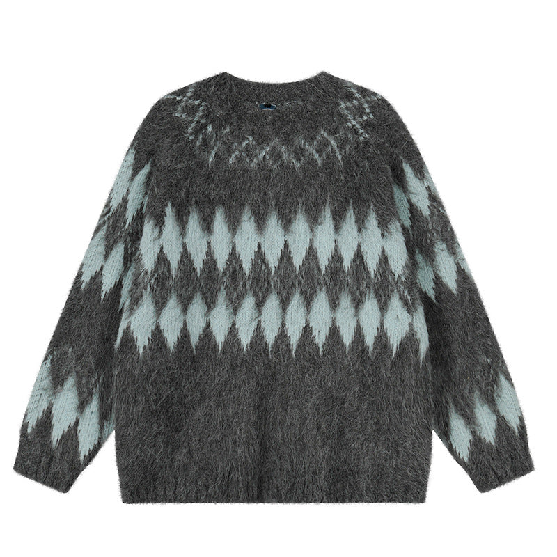 Oversized Wool Mohair Fair Isle Crewneck Pullover Sweater