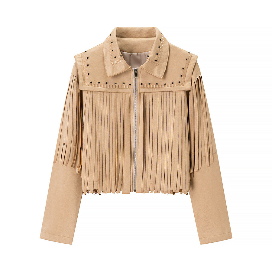 Women's Clothing Tassel Leather Jacket Imitation Suede PU Jacket Outerwear