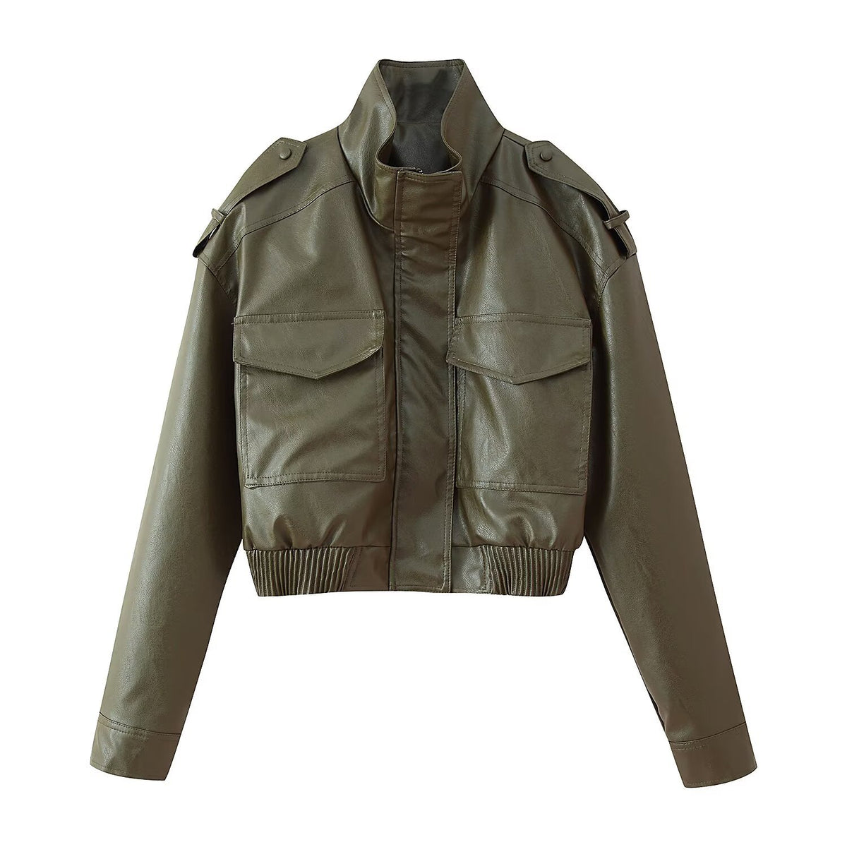 Pocket decoration imitation leather jacket