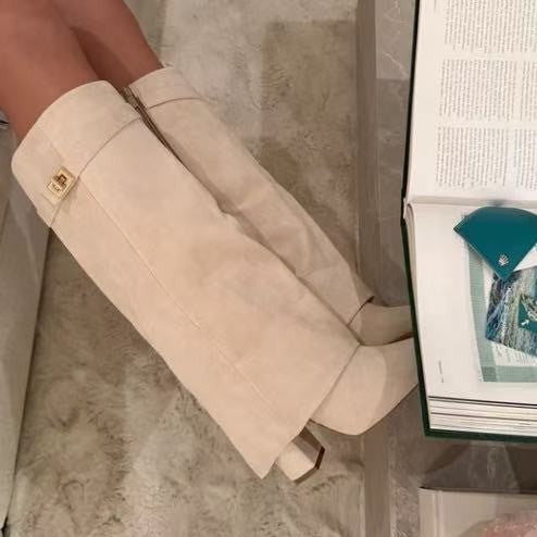 Boots with pointed toes large tube circumference straight tube metal buckle medium length tube thick heel women's boots