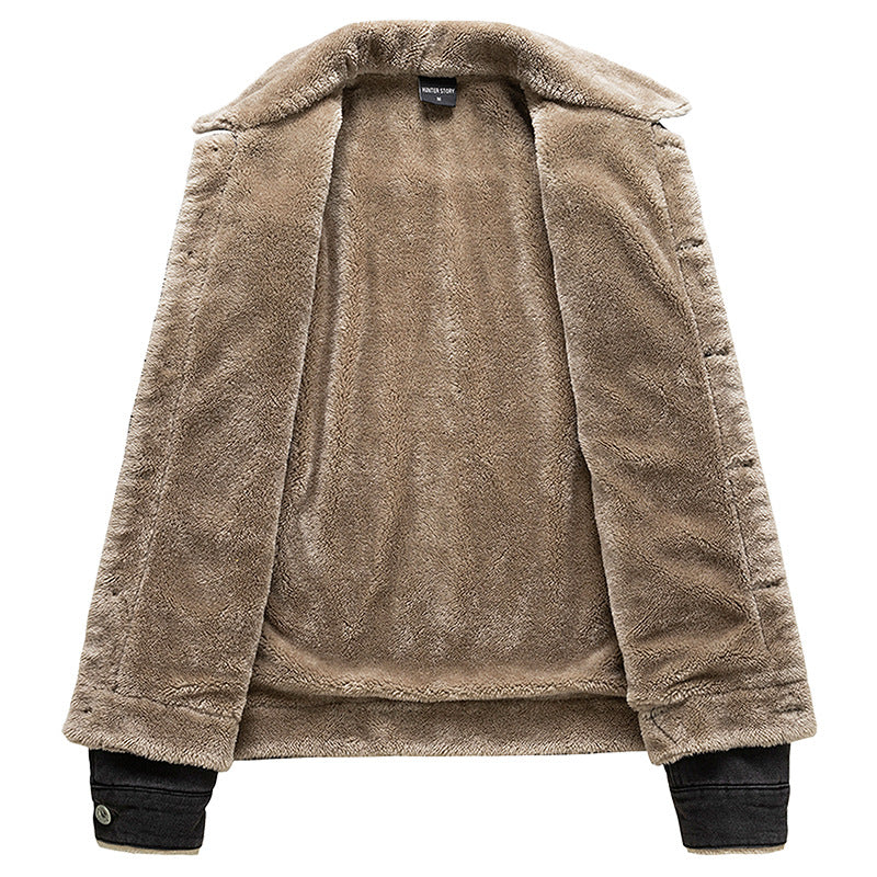 Denim jacket with plush and thick coat for men's casual denim jacket