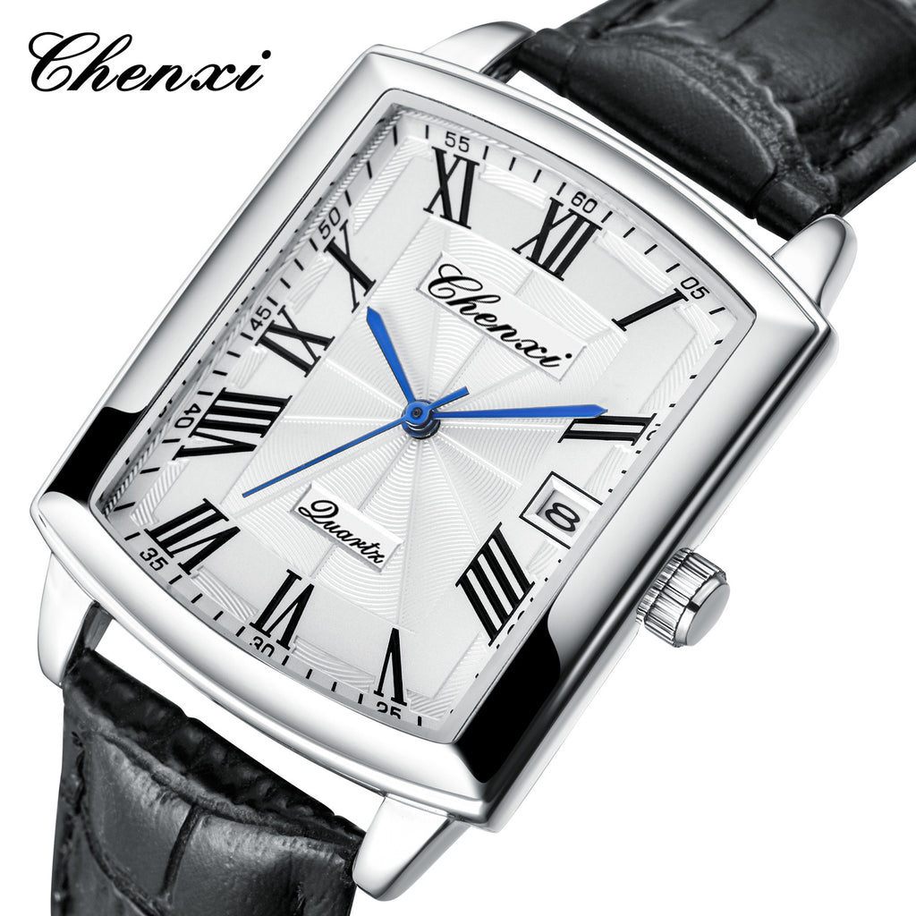 Casual Couple Watch, Morning Light Brand, Calendar Quartz Watch, Simple Square Design for Men and Women, Leather Strap