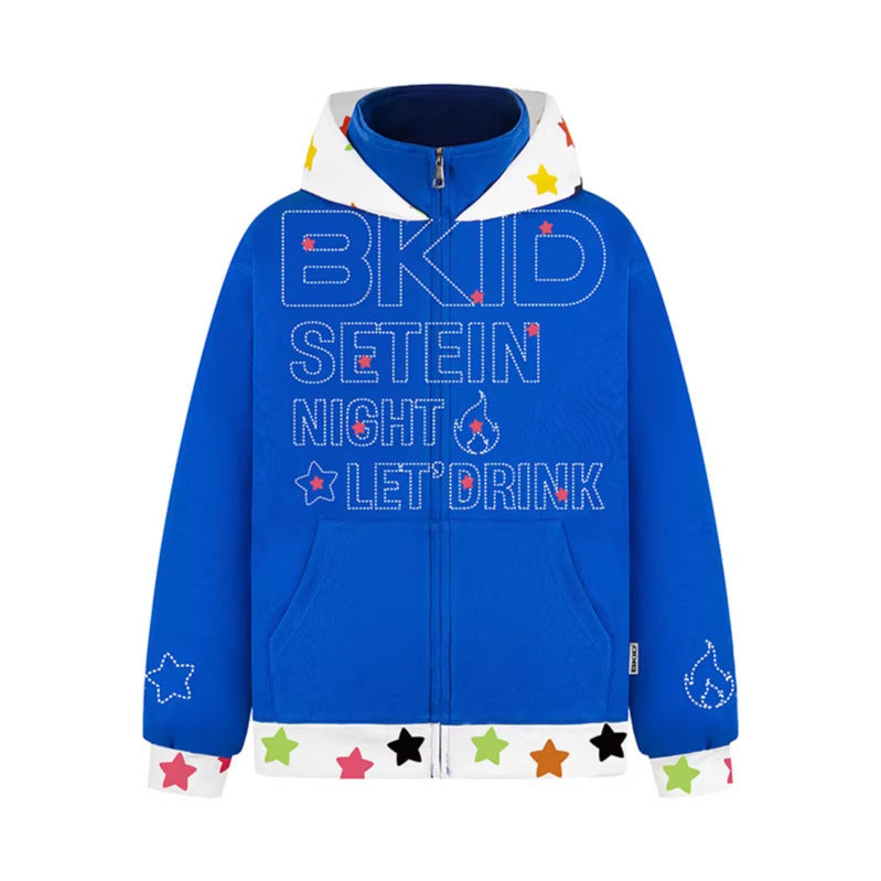 Patchwork Hooded Zip-Up Sweatshirt Loose Casual Outerwear Top