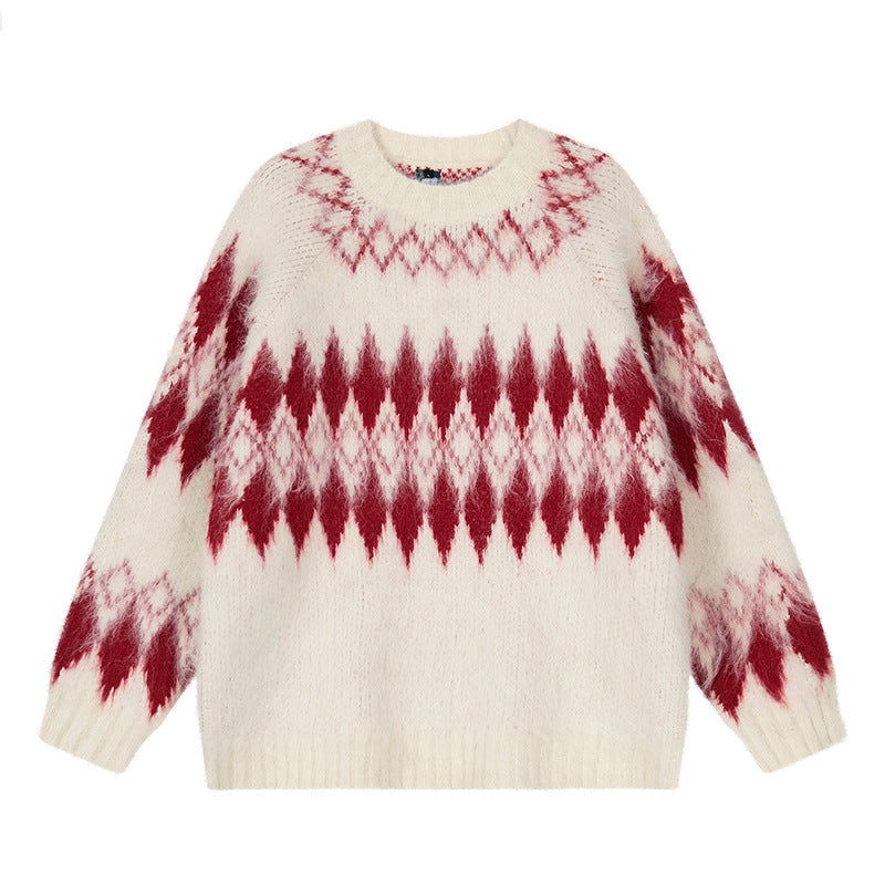 Oversized Wool Mohair Fair Isle Crewneck Pullover Sweater