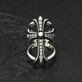 Thai silver diamond inlaid large cross hollow ring