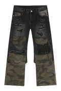 Distressed Camouflage Patchwork Jeans