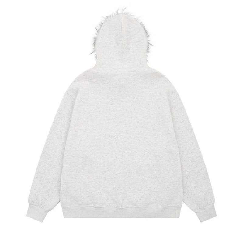 Cute Dog Print Fleece-Lined Hoodie Unisex Casual Loose Sweatshirt