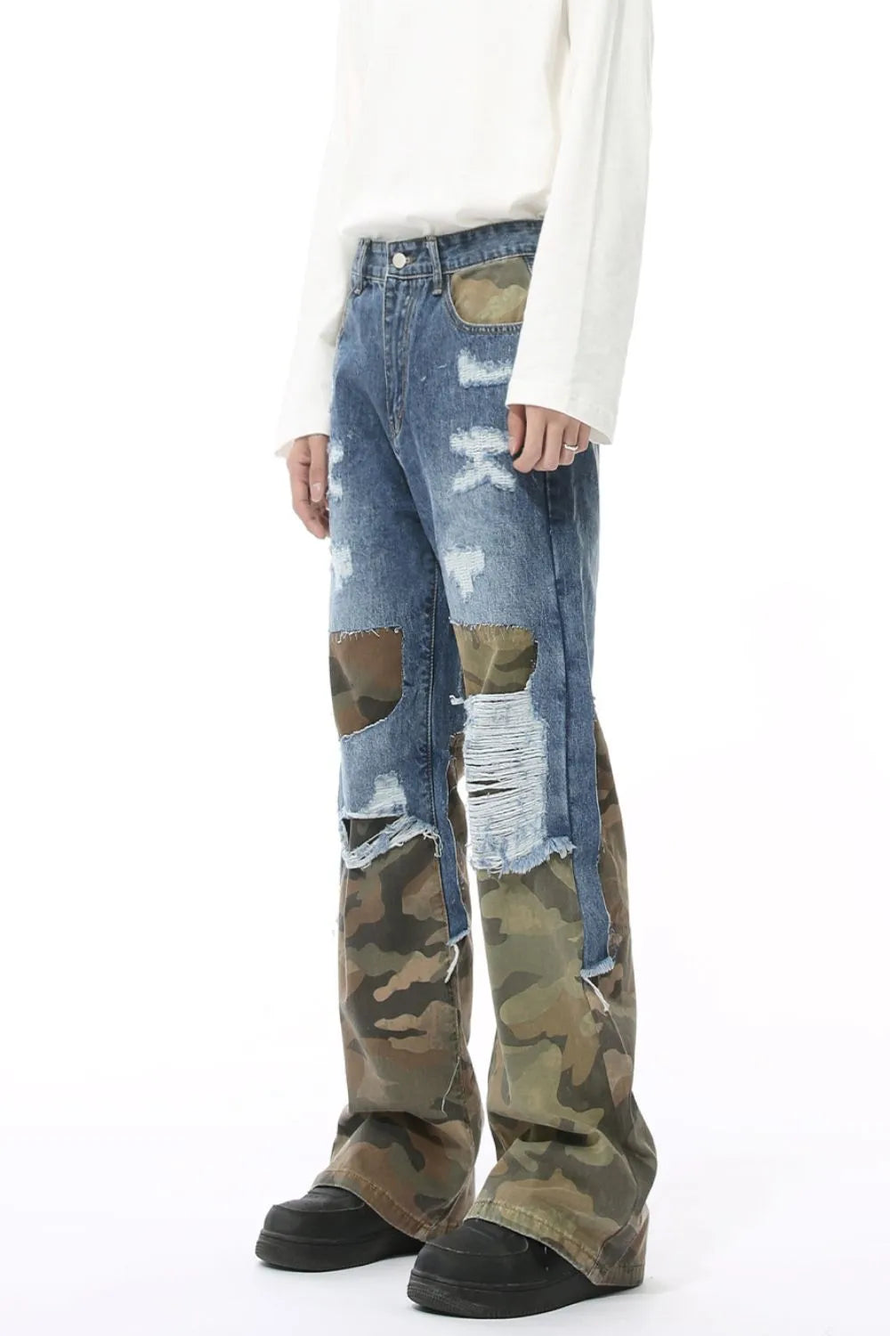 Distressed Camouflage Patchwork Jeans