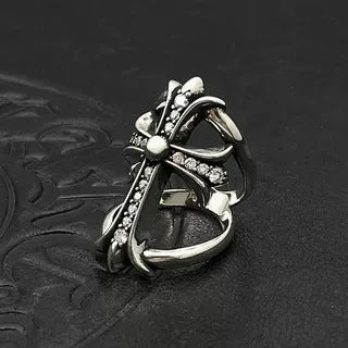 Thai silver diamond inlaid large cross hollow ring