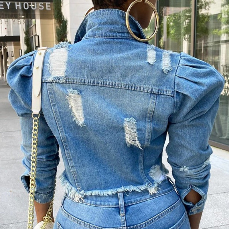 Short distressed denim jacket for women with bubble sleeves denim jacket