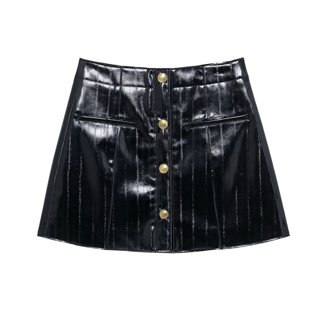 PU imitation leather slim fit black skirt for women