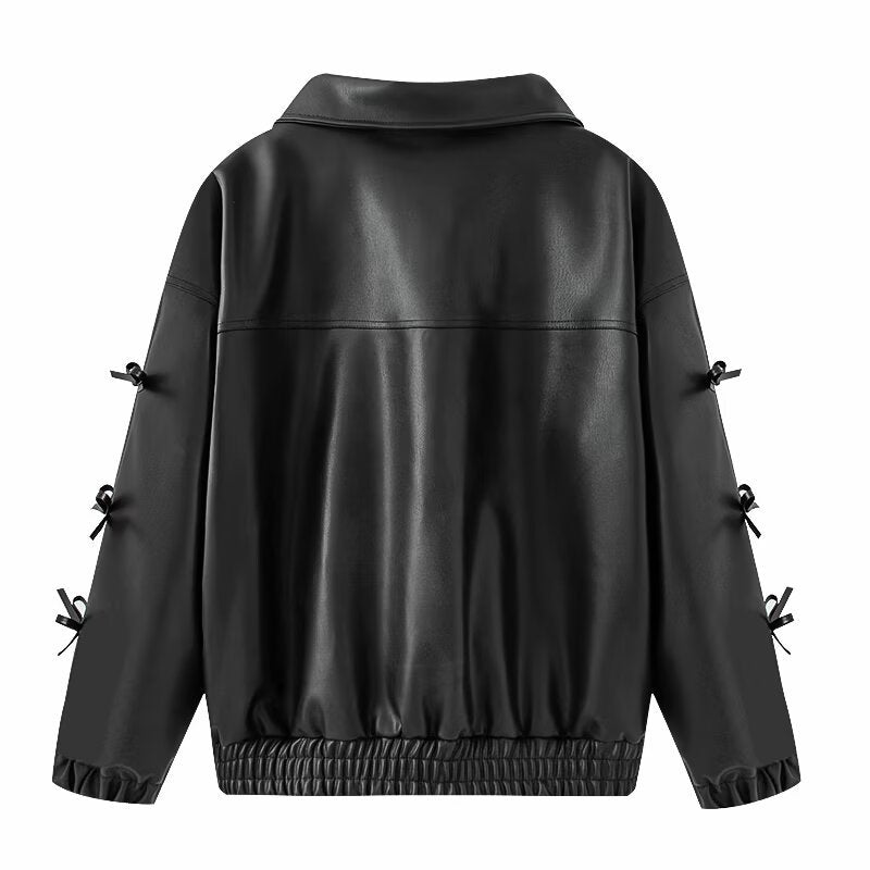 Bow shaped imitation leather jacket