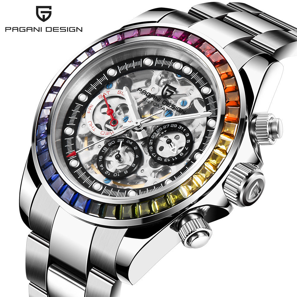 Paganidesign Men's Multifunction Automatic Mechanical Watch with Open Movement and Stainless Steel Case 1653